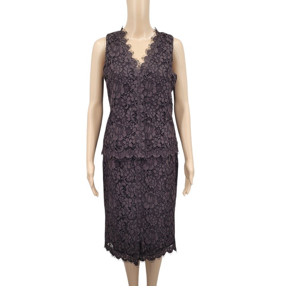 Worth Choclate Brown Lace Sleeveless Blouse Top and Skirt Matching Set